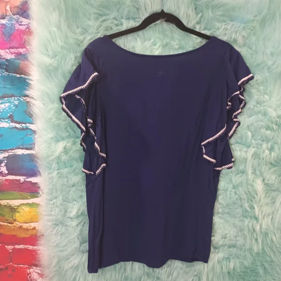 St John's Bay Blue and White Floral Print Short Ruffle Sleeve Top Size L - Picture 5 of 8